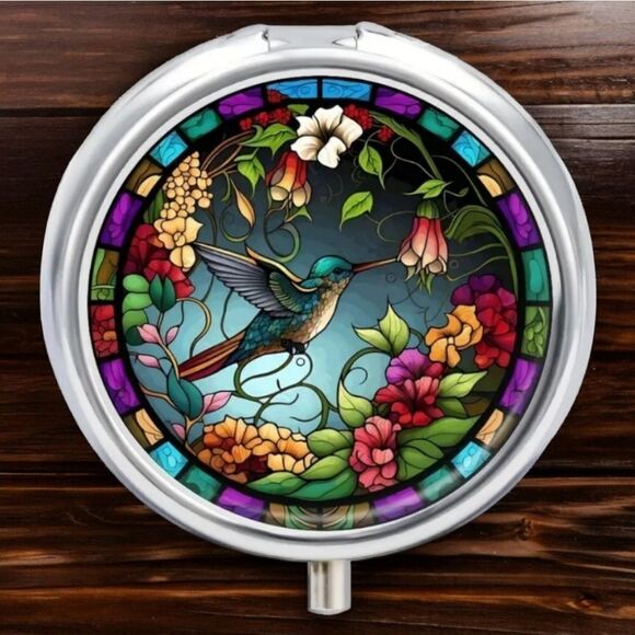 Mosaic Hummingbird Pill Box Medicine Mini Steel Case Mirrored Travel Purse Size - Picture 8 of 8